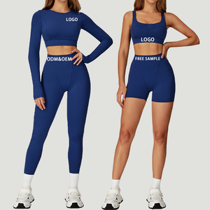 Ropa deportiva personalizada de manga larga para mujer, conjuntos de Fitness para gimnasio, trajes de Yoga sin costuras con logotipo frontal, ropa de talla grande para entrenar - Product Image 1