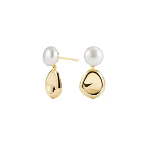 Elegant Luxury 925 Sterling Silver Metal Style 18K Gold Plated FreshWater Pearls Studs Water Drop Dangle Earrings