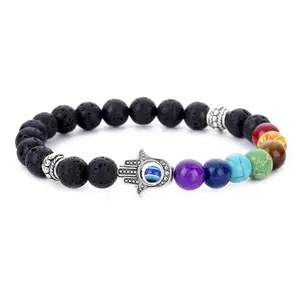 Charm 8Mm Black Lava Natuursteen Kraal Armband 7 Chakra Healing Bidden Mala Hamsa Hand Armband