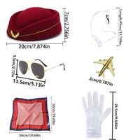 Ensemble de cosplay d'hôtesse de l'air, chapeau d'hôtesse de l'air rouge vin, lunettes de soleil, broche avion, fournitures pour fête d'Halloween et de carnaval