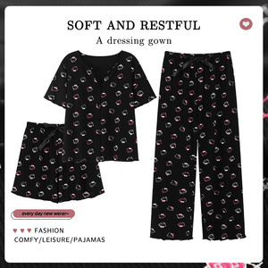 2 pz abbigliamento da <span class=keywords><strong>notte</strong></span> da donna con stampa a fumetti Hallokitty comoda <span class=keywords><strong>camicia</strong></span> da <span class=keywords><strong>notte</strong></span> estiva in <span class=keywords><strong>seta</strong></span> <span class=keywords><strong>di</strong></span> ghiaccio con chiusura in vita elastica - Product Image 3