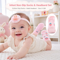 Lot de 2 chaussettes antidérapantes en coton pour nouveau-nés (0-3 ans) avec bandeau lapin + ensembles tricotés antidérapants jetables pour bébés et tout-petits