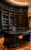 Bureau de direction en noyer noir sculpté et courbé, style rétro américain, avec double armoire de grande capacité, design personnalisé