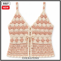 Damen Süßes Coquette Boho Chevron-Streifen Häkel-Strick Spaghetti-Träger Tiefer V-Ausschnitt Cami Top Stringer Tanktop mit Eigenem Logo