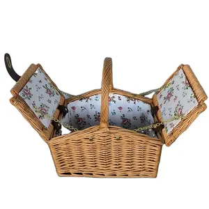 Yulin Jiafu tecelagem cesta de piquenique clássica de vime com tampa dupla para 2 pessoas