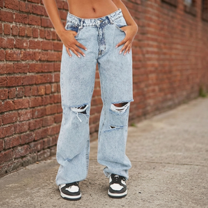 Ladies Custom Brand Breathable Straight Denim <b>Jeans</b> with Hole Detail Vintage Regular Fit Customized Design - Product Image 2