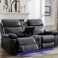 Canapé 2 places en cuir technique, fauteuil inclinable électrique intelligent avec table porte-gobelets, bande LED et haut-parleur
