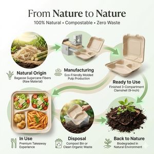 Boîte alimentaire articulée en pulpe de bagasse, biodégradable, compostable, imperméable et résistante à la graisse, de qualité alimentaire - Product Image 2