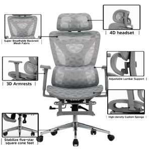 Sedia da <span class=keywords><strong>Ufficio</strong></span> Direzionale di Lusso, Girevole Contemporanea in Rete Nera con Schienale Alto, Poggiatesta 4D Regolabile, Braccioli 3D, Supporto Lombare e Funzione Riposo - Product Image 4