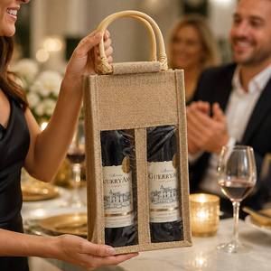 Bolsa de Yute Natural para Vino con Logotipo Personalizado, Porta Botellas Doble de Arpillera con Asa de Cuerda y Ventana Transparente - Product Image 3