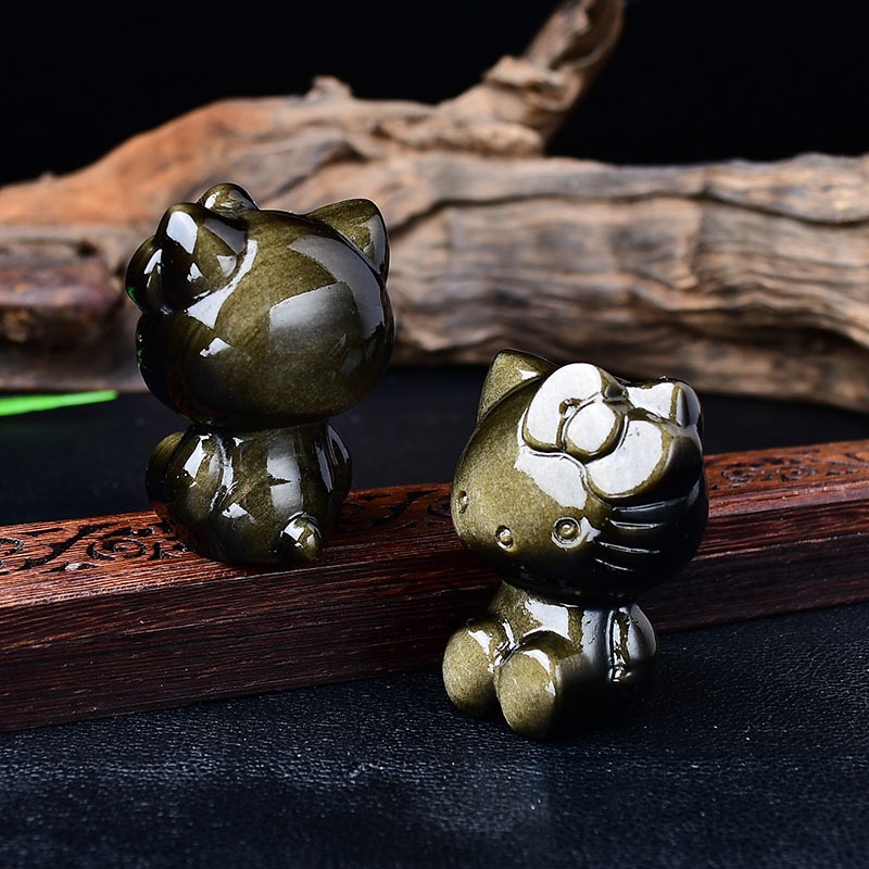 Natural Obsidian Kitty Cat Figurine Crystal Rough Stone Carving