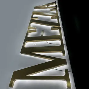 مخصص داخلي إضاءة Led خارجية الأبجدية 3D الخلفية ناعم معدن الذهب اللون الأعمال لافتة حروف محفورة