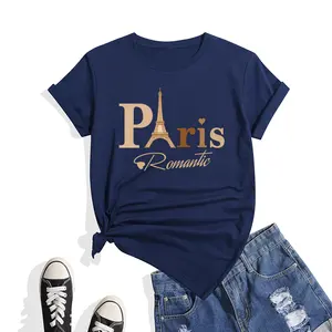 Fabrieksprijs Europese Mode Kostuum T-Shirt Bedrukking Parijs Toren Letter Beste T-Shirts Katoenen Polyester Dames T-Shirts