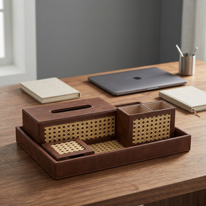 Leatherette <b>Tray</b> with Cane Design Set of 4 Pcs <b>Office</b> Organizer Set of 4 - Product Image 2