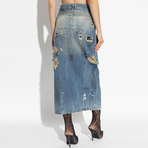 Falda vaquera Midi recta personalizada para mujer, cintura alta, lavado pesado, manchas blancas destruidas, calle bonita para chicas calientes <span class=keywords><strong>de</strong></span> otoño - Product Image 1