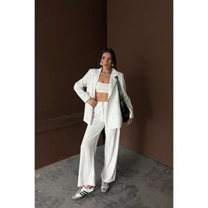 Conjunto de Traje para Mujer con Rayas Blancas, Pantalones Anchos de Tela de Lana, Blazer Holgado, Ropa de Oficina, Atuendo Formal - Product Image 6