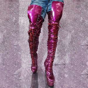 Wide Fit Size 47 Women Metallic Lace up Long <b>Boots</b> Extreme Slim Heels Platform Over the Knee Booties Buckles Dance Shoes - Product Image 3
