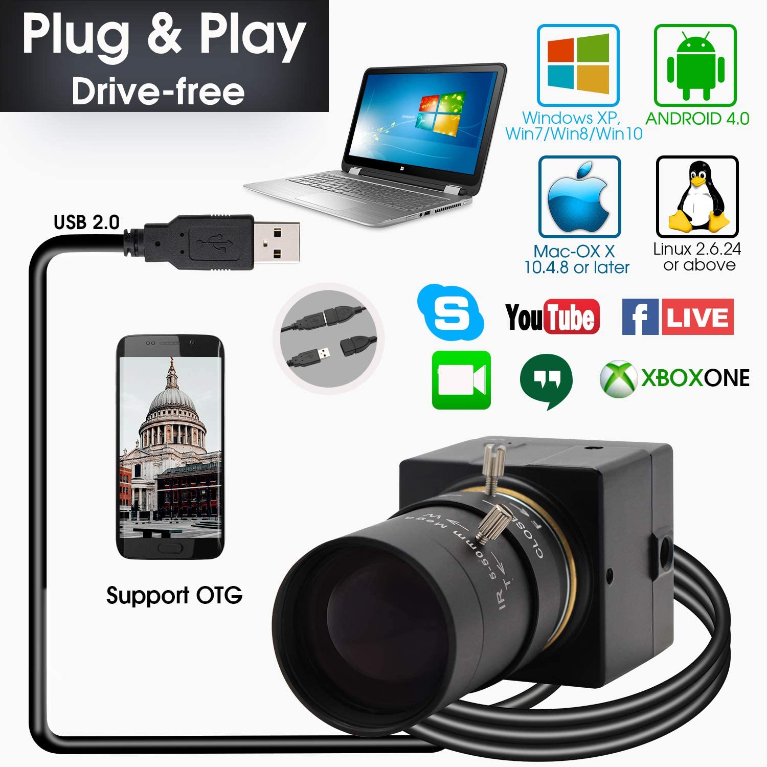 ELP 8MP USB Camera with Varifocal Lens for CCTV Security