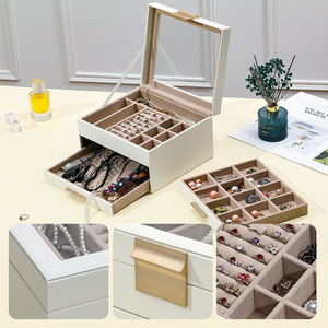 Wholesale <b>Large</b> Luxury PU Leather Jewelry Organizer Mirror Drawer Earrings Packaging Wood PC Luxury Jewellery Storage Case <b>Gift</b> - Product Image 4