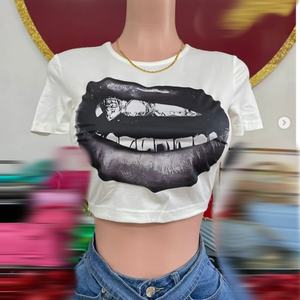 Viviblook Z711TP01 nueva llegada Vintage Y2K labios oro dientes impreso camiseta verano Crop Top para mujer - Product Image 1