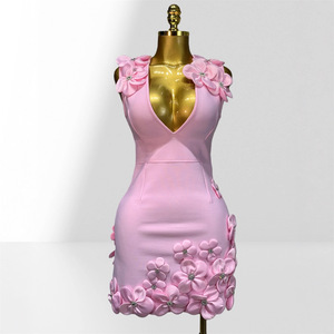 ZHEZHE Abito Corto a Linea A con Fiori Tridimensionali, Scollo a V <span class=keywords><strong>Sexy</strong></span>, Senza Maniche, Vita Impero, Dolce <span class=keywords><strong>Vestito</strong></span> Autunnale - Product Image 2