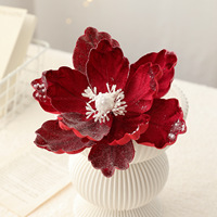 Nouvelle fleur de magnolia floquée en poudre de colle de 15 cm, décoration de Noël haut de gamme, tissu de luxe léger, décorations de Noël modernes et minimalistes