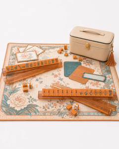 Classic Mahjong Tiles Set Orange Plastic Portable Game for 4 Players with Floral Mat and Storage Bag - Product Image 6