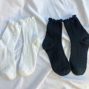 Women's Solid Color Ruffled Edge Mid Calf <b>Socks</b> Breathable Cotton Slouch <b>Socks</b> White And <b>Black</b> Youth Casual Style - Product Image 1