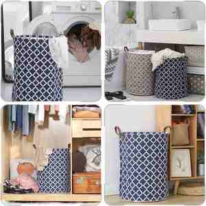 Sea Team Moroccan Lattice Pattern Laundry Hamper Canvas Fabric Laundry Basket <b>Collapsible</b> Storage <b>Bin</b> with PU Leather Handles - Product Image 2