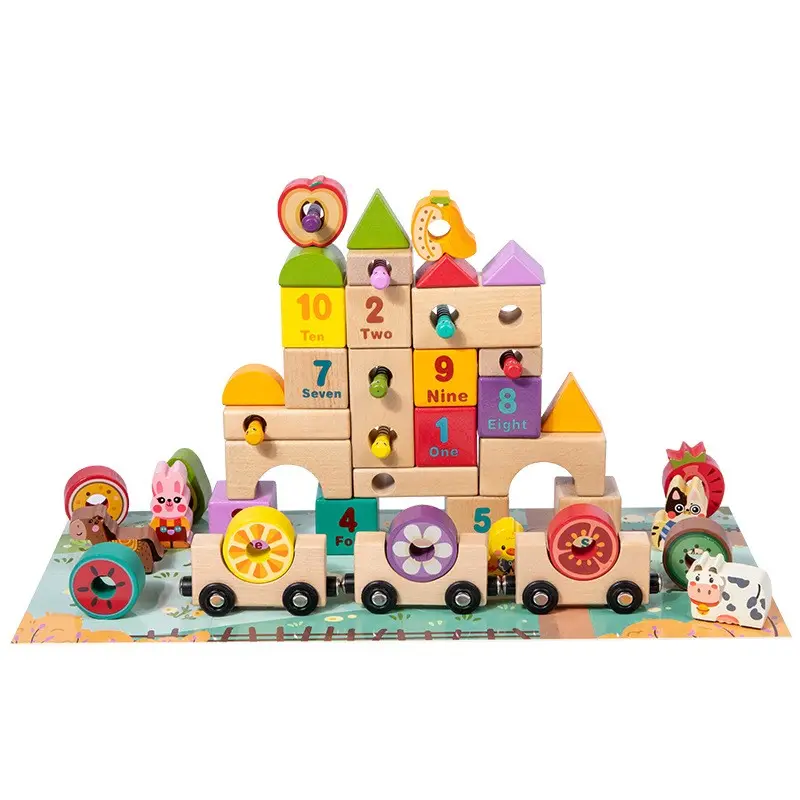 Children Educational Toy Shape Cognition Puzzle Magnetic Train Toy Cartoon Animal Fruit Assembled Farm Building Blocks