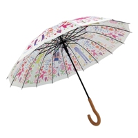 Parasol Droit 23" 16K avec Illustration Dessinée à la Main d'Inspiration Française, Motif Doodle Art, Manche en Bois Clair avec Crochet en J, Idéal pour Cadeau