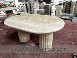 Table à manger en travertin naturel personnalisée, meubles en pierre, table à manger ovale cannelée en marbre travertin - Product Image 3