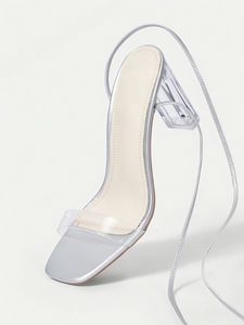 صنادل صيفية بكعب عالٍ مفتوحة الأصابع مع حزام وإبزيم، كعب رفيع لزيادة الطول، مصنوعة من الجلد الصناعي/البولي يوريثان/البولي فينيل كلوريد - Product Image 1