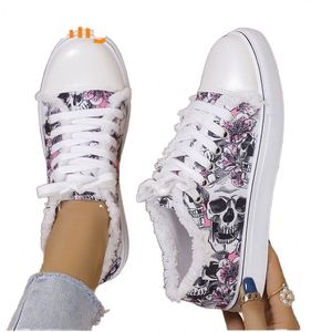 Chaussures plates à lacets en toile à motif floral et crâne pour femmes, souples, décontractées, mode été-automne, grandes tailles - Product Image 1