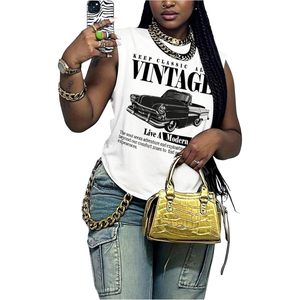 FOXA <b>Women's</b> Vintage Car Print <b>Tank</b> <b>Top</b> Sleeveless Crewneck Summer Streetwear Breathable 100% Cotton Knitted <b>Tops</b> - Product Image 1