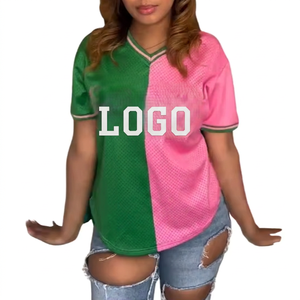 T-shirt en jersey à manches courtes et col en V pour femme, avec logo personnalisé, coloris vert et rose, coupe ample, respirant, style oversize - Product Image 4