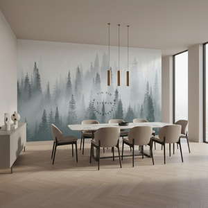 Carta da Parati Impermeabile Verde Scuro con Alberi Botanici Moderni, Decorazione Murale Personalizzabile per Camera da Letto, Paesaggio di Foresta Nebbiosa - Product Image 4