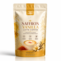 Sachet de café au safran et à la vanille personnalisé, élégant, en grains entiers, pochette verticale recyclable pour l'emballage de café aromatisé de qualité supérieure