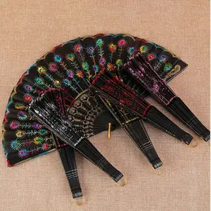 Fashion Cloth Peacock Pattern Sequins PS Hot Stamping Plastic Bone Handfan Nice Sex Lace Hand Fan For Wedding Gift