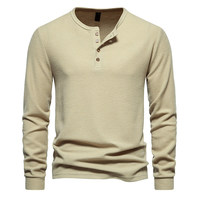 Chemise décontractée à manches longues pour homme, col Henley en tricot gaufré, 4 boutons, col roulé, coupe ajustée, respirante, écologique, pour le quotidien