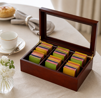 Boîte de rangement en bois pour sachets de thé, très vendue, avec couvercle en verre, pour la maison, la cuisine, l'hôtel, le bureau