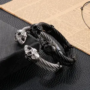Fashion gelang tengkorak hitam perak Punk baja tahan karat kabel memutar kawat perhiasan kepang gelang manset tali pesona gelang terbuka