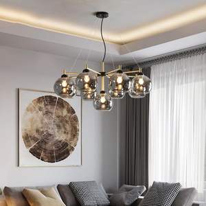 Lustre moderne de style mid-century, finition noir et or, 9 lumières, globes en verre <span class=keywords><strong>gris</strong></span> fumé ambré, luminaire de <span class=keywords><strong>plafond</strong></span> pour salon, salle à manger, hall d'entrée - Product Image 2