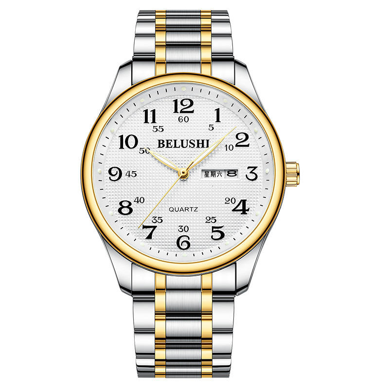 B- 579 men's gold steel belt with golden shell and white surface