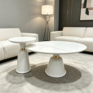 Ensemble de tables basses gigognes modernes avec accents or blanc, plateau en marbre, piédestal conique, style luxe léger, pour salon et hôtel - Product Image 4