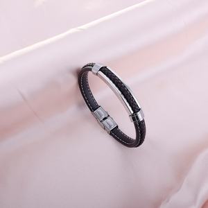 <b>Men</b> Mature Jewelry Black Leather <b>Bracelet</b> Stainless Steel Waterproof Wholesale 18k Plated Gold - Product Image 5