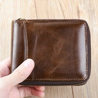 Dompet Kartu Pria Kulit Asli Vintage dengan Ritsleting Multi-Fungsi Anti-Scan Model Pendek Grosir