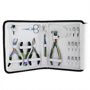Kit d'outils pour extensions de cheveux nouées à la main, 10 pièces : Pinces en acier, Outil de pose de micro-anneaux, Outil de retrait de micro-anneaux, Pince à sertir à 3 trous, Coupe-anneaux - Product Image 1