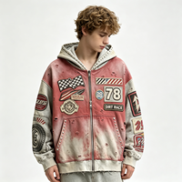 Hoodie Zipper Heavyweight Vintage Wash Distressed Racing Patchwork untuk Pria Streetwear Pesanan Grosir Logo Kustom Tersedia