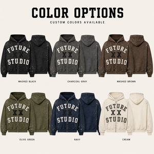 Sudadera con capucha extragrande y corte holgado, personalizada con pedrería, de 450 g/m² de alto gramaje, con bordado de apliques, negra, con lavado ácido y cremallera. - Product Image 3